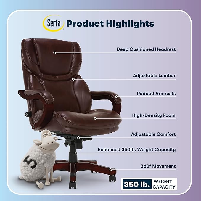 Serta Conway Big and Tall Executive Office Chair - Ergonomic Lumbar Support, Bonded Leather, Padded Armrests, High Back Computer Desk Chair, Chestnut Brown