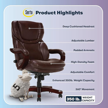 Serta Conway Big and Tall Executive Office Chair - Ergonomic Lumbar Support, Bonded Leather, Padded Armrests, High Back Computer Desk Chair, Chestnut Brown