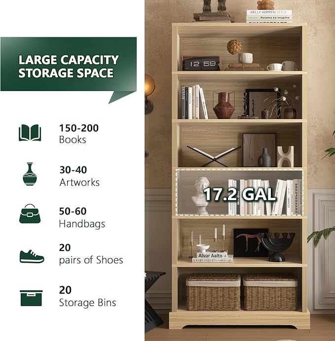 TVU 6-Tier Wooden Bookshelf, 77.2" Tall Farmhouse Style Open Bookcase, 31.5" W Standing Book Shelf with Storage, Suitable for Study, Living Room, Office, Natural Wood Color