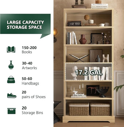 TVU 6-Tier Wooden Bookshelf, 77.2" Tall Farmhouse Style Open Bookcase, 31.5" W Standing Book Shelf with Storage, Suitable for Study, Living Room, Office, Natural Wood Color