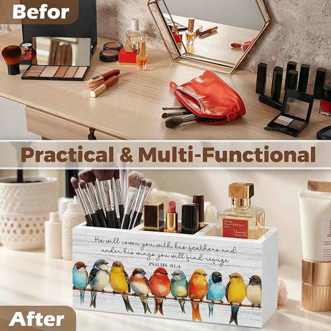 Christian Bird Pencil Pen Holder for Desk Organizer, Christian Gifts for Women Men, Religious Bible Verse Wooden Box Decorations for Home Office Bedroom Desk Tabletop Decor