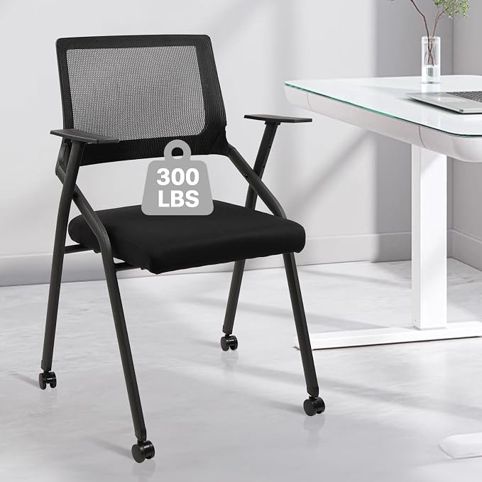 CLATINA Stackable Foldable Conference Room Chairs with Wheels, Portable Padded Office Desk Chair with Lumbar Support and Armrest for Training Room, Guest, Reception, Event, Black (10pk)