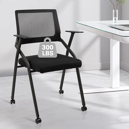 CLATINA Stackable Foldable Conference Room Chairs with Wheels, Portable Padded Office Desk Chair with Lumbar Support and Armrest for Training Room, Guest, Reception, Event, Black (10pk)