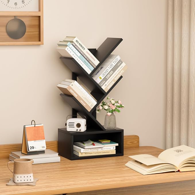 SHEEPAM Small Tree Book Shelf,5 Tier Black Tree Bookshelf,Black Desktop Bookcase,Modern Desk Display Storage Bookshelves,Floor Standing Organizer Bookcases for Living Room,Bedroom,Office