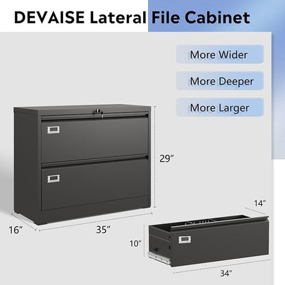 DEVAISE Metal Lateral File Cabinet, 2 Drawer Filing Cabinet with Lock for Letter/Legal/F4/A4 Hanging Files, Storage Cabinet for Home Office, Assembly Require, Black