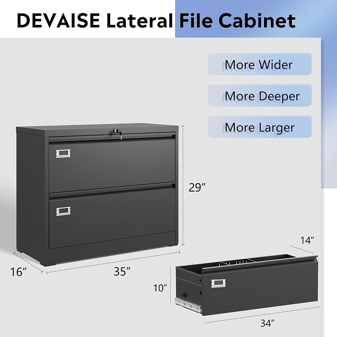 DEVAISE Metal Lateral File Cabinet with Lock, 2 Drawer Wide Filing Cabinet for Letter/Legal/F4/A4 Hanging Files, Storage Cabinet for Home Office School, Black
