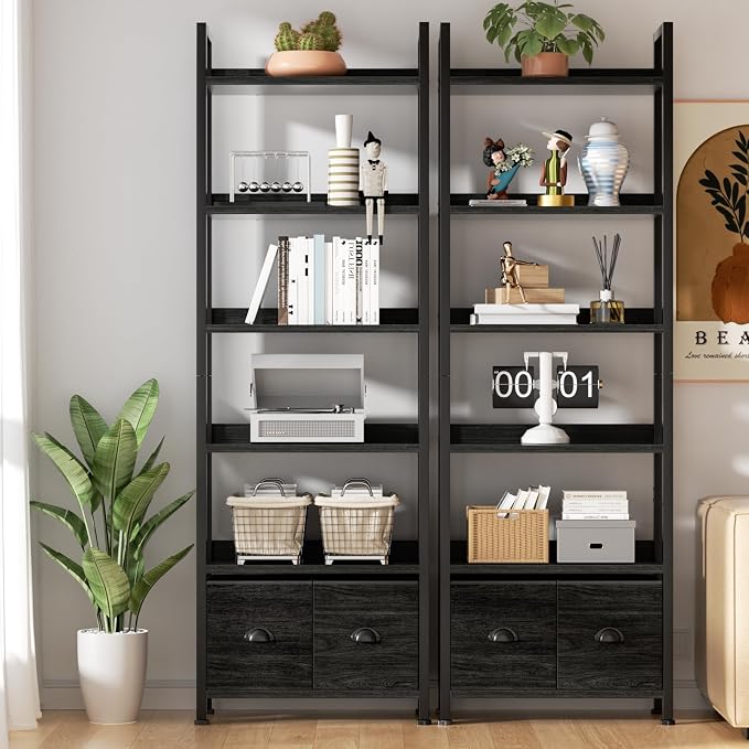 Furologee 6-Tier Bookshelf, Tall Bookcase with 2 Drawers Storage Organizer, Industrial Display Free Standing Shelf Units, Wood and Metal Storage Rack for Home Office, Bedroom, Black Oak