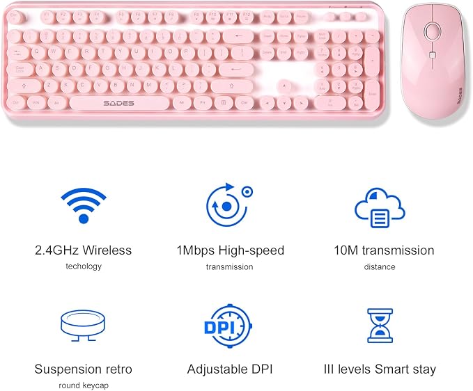 Pink Keyboard and Mouse Wireless, Keyboard for Long Nails, Typewriter Style Pink Keyboard with Round Keys, 2.4GHz Cute Bubble Full Size Keyboard and Mouse Combo with Number Pad for PC Laptop Desktop