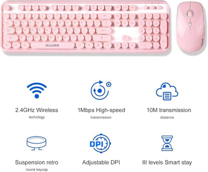 Pink Keyboard and Mouse Wireless, Keyboard for Long Nails, Typewriter Style Pink Keyboard with Round Keys, 2.4GHz Cute Bubble Full Size Keyboard and Mouse Combo with Number Pad for PC Laptop Desktop