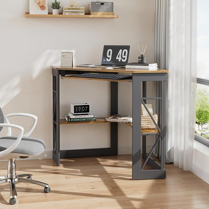 VECELO Corner Desk Computer Desk Writing Table with Smooth Keyboard Tray & Storage Shelves,Compact Home Office Triangle Table,Antique Brown