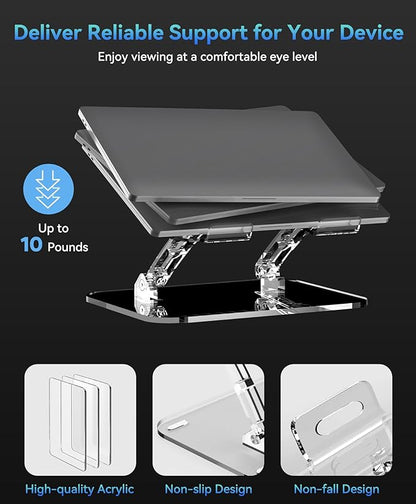Lpoake Acrylic Laptop Stand for Desk, Adjustable Ergonomic Laptop Riser, Portable Foldable Computer Stand, Compatible with 10 to 15.6 Inches Notebook and MacBook, Clear