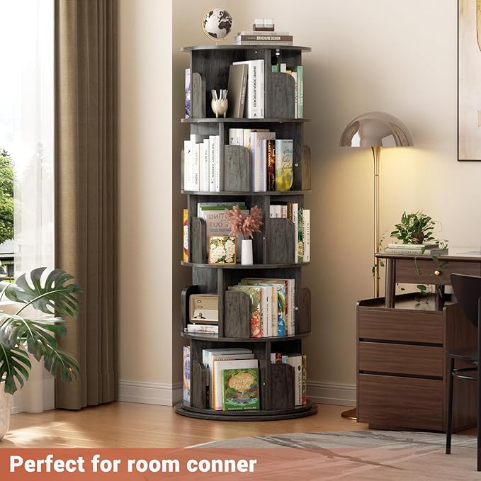 Besiost Rotating Bookshelf Tower, 5 Tier Spinning Bookcase, Revolving 360 Book Shelf Narrow Tall Bookcase, Vertical Turning Round Bookshelf Organizer, Wood Corner Book shelf for Small Space, Black Oak