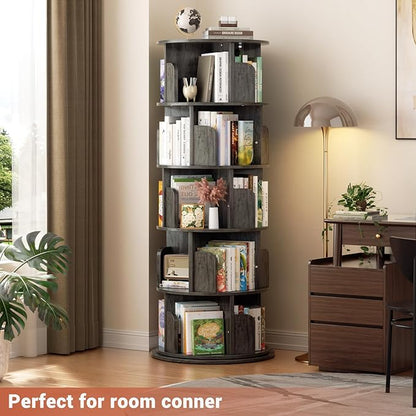 Besiost Rotating Bookshelf Tower, 5 Tier Spinning Bookcase, Revolving 360 Book Shelf Narrow Tall Bookcase, Vertical Turning Round Bookshelf Organizer, Wood Corner Book shelf for Small Space, Black Oak