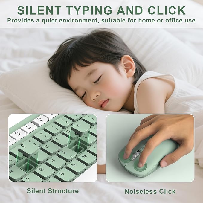 Wireless Keyboard and Mouse Combo, 2.4G Full Size Silent Keyboard with Fn Multimedia Keys for Office and Home, 3-Level DPI Adjustable Quiet Mouse for Windows,Mac OS Desktop/Laptop/PC(Avocado Green)