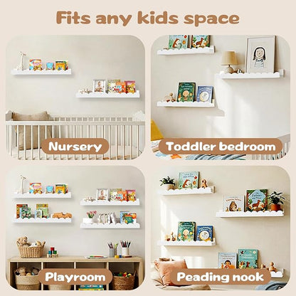 Nursery Floating Shelves for Kids Room, 2 Pack 23.6 Inch White Wall Shelves with Scalloped Edge, Kids Bookshelves for Toddler Bedroom, Playroom, Baby Nursery Decor