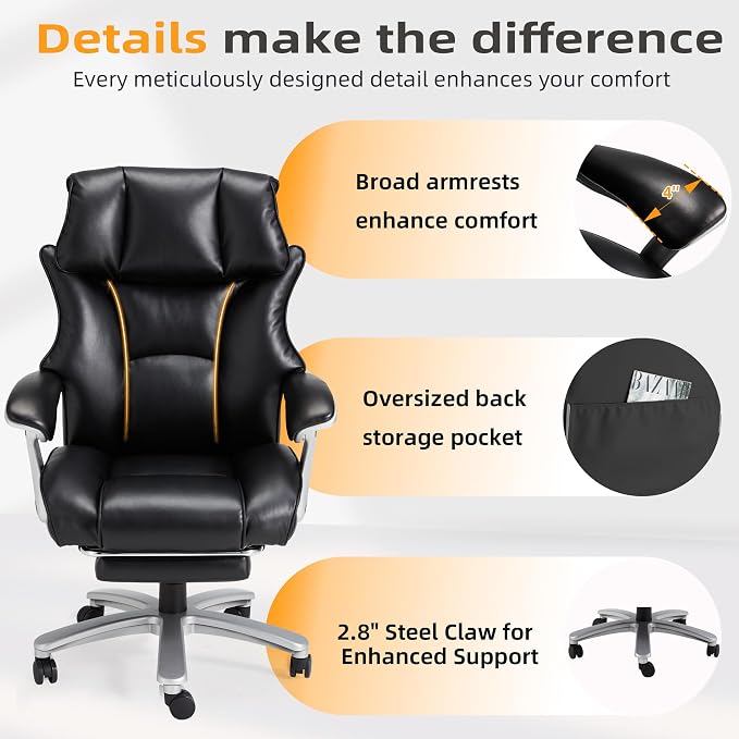 HOMREST Big and Tall Heavy Duty Office Chair 550LBS, Ergonomic Leather Executive Chair with 155° Recline, Large Back Pocket &Footrest, Computer Desk Chair for Heavy People, Black