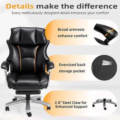 HOMREST Big and Tall Heavy Duty Office Chair 550LBS, Ergonomic Leather Executive Chair with 155° Recline, Large Back Pocket &Footrest, Computer Desk Chair for Heavy People, Black