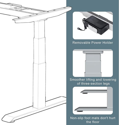 Fromann Electric Standing Desk Frame Dual Motor 3 Stages Height Adjustable Desk Legs with USB A+ C Ports Sit Stand up Desk Base for Home and Office (Grey)