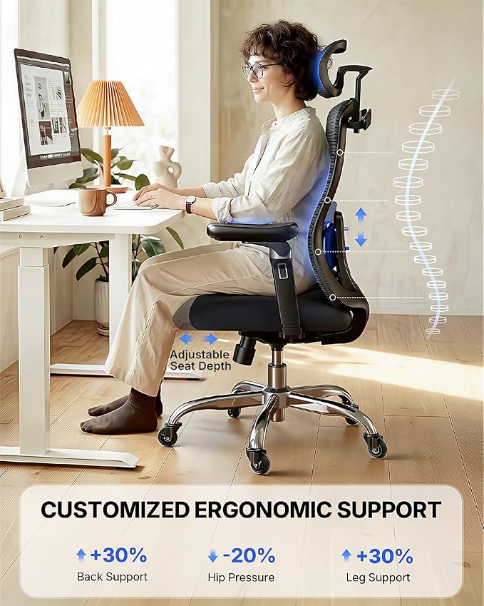 HUANUO Ergonomic Office Chair with 6D Armrest, Seat Depth Adjustment, Lumbar Support, Quiet Rubber Caster, High Back Mesh Gaming Chair with 3D Headrest, Big and Tall Chair for Home Office, Pack of 2
