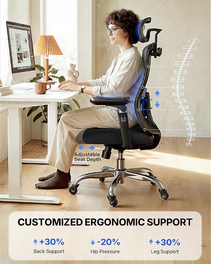 HUANUO FlowLift™ Ergonomic Office Chair with 6D Armrest, Seat Depth Adjustment, Lumbar Support, Quiet Rubber Caster, High Back Mesh Desk Chair with 3D Headrest, Big and Tall Chair for Home Office