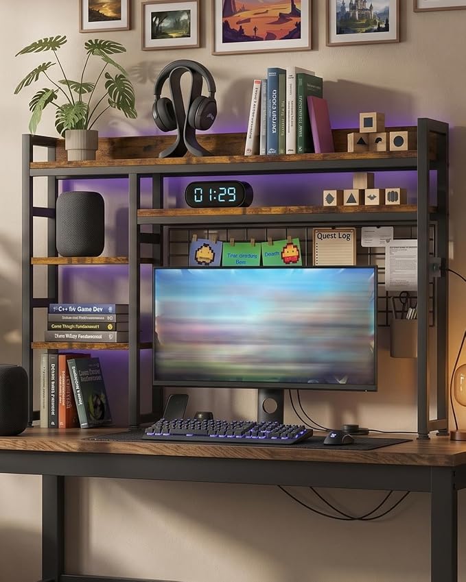 Desktop Hutch Bookshelf with Power Outlet, 3-Tier Desk Organizer Rack | 45.3" Width | Adjustable Shelves | Bookcase with Grid Panel | Sturdy Metal Frame | for Dorm Office | Easy Assembly