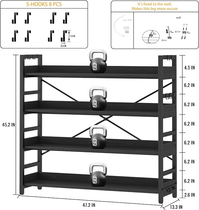 HCHQHS Bookshelf, Adjustable Industrial Bookcase, Vertical Tall Book Shelf, Wood and Black Metal Open Bookshelves for Home Office, Living Room, Bedroom (Black, 4-Tier (47" W x 44" H))