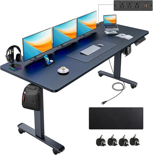 farexon arexon Electric Standing Desk 63 x 24In with Power Outlets, Rolling Stand up Desk with Oversized Mouse Pad, 2 USB Ports & 3 Power Outlets, 4 Casters, 4 Preset Heights Easy to Set（Black