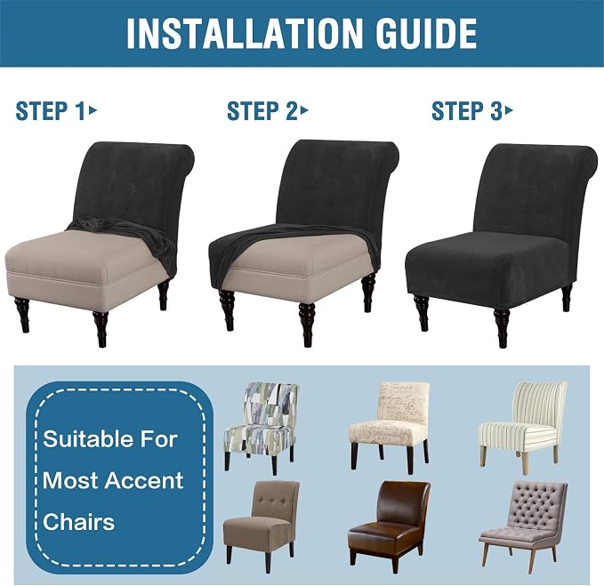 H.VERSAILTEX Armless Accent Chair Covers Thick Velvet Armless Chair Slipcovers High Stretch Chair Covers for Living Room Hotel Machine Washable Furniture Protector with Elastic Bottom, Black