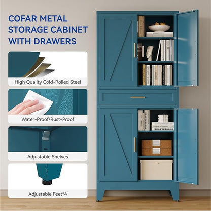 COFaR 71 in Tall Kitchen Pantry Cabinet with Drawer, Metal Pantry Storage Cabinet with 4 Adjustable Shelves and 4 Barn Doors, Freestanding Farmhouse Food Cupboard for Dining Room, Peacock Blue 6-Tier