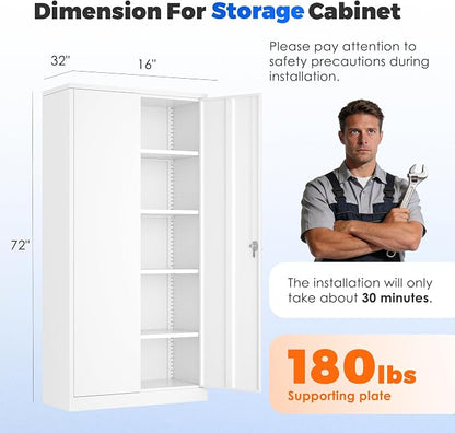 INTERGREAT Metal Garage Storage Cabinet with Lock, 72" Storage Cabinet with Locking Doors and 4 Adjustable Shelves, Lockable Steel Tool Cabinet for Home Office, School,White