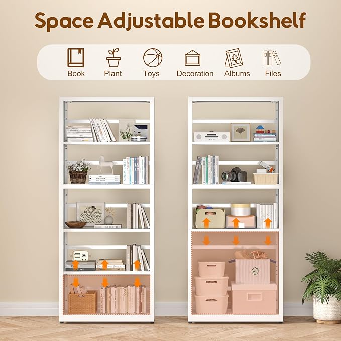 UNICOLY 5 Tier White Bookshelf, 55" H Tall Bookshelf with 5 Storage Shelves, Heavy Duty Deep Shelves, Open Shelf Bookcase with 5 Bookends, Modern Display Shelves for Books, Toys, CD, W23×D10“