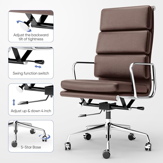 Genuine Leather Office Chair, Padded High Back Ergonomic Executive Desk Chair with Aluminum Arm Rest and Base, Swivel Wheels with Lumbar Support & Tilting Function, Hight Adjustable, Dark Brown