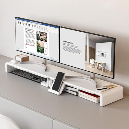 Monitor Stand Riser, Klearlook Foldable Computer Monitor Riser, Height Adjustable Computer Stand, Desk Shelf Riser with Storage Drawer & Tablet Phone Stand for Computer, Desktop, Laptop (White 2 Pack)