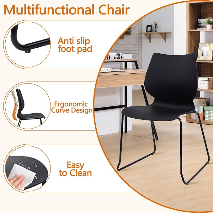 KLASIKA Stackable Waiting Room Chair, Stacking Office Chair with Ergonomic Lumbar Support and Metal Legs, Plastic Desk Chairs for Conference School Church Guest Reception Set of 8, Black