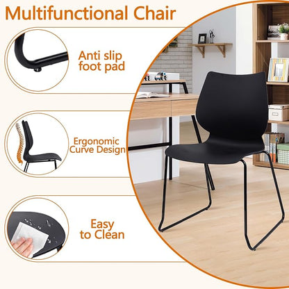 KLASIKA Stackable Waiting Room Chair, Stacking Office Chair with Ergonomic Lumbar Support and Metal Legs, Plastic Desk Chairs for Conference School Church Guest Reception Set of 8, Black