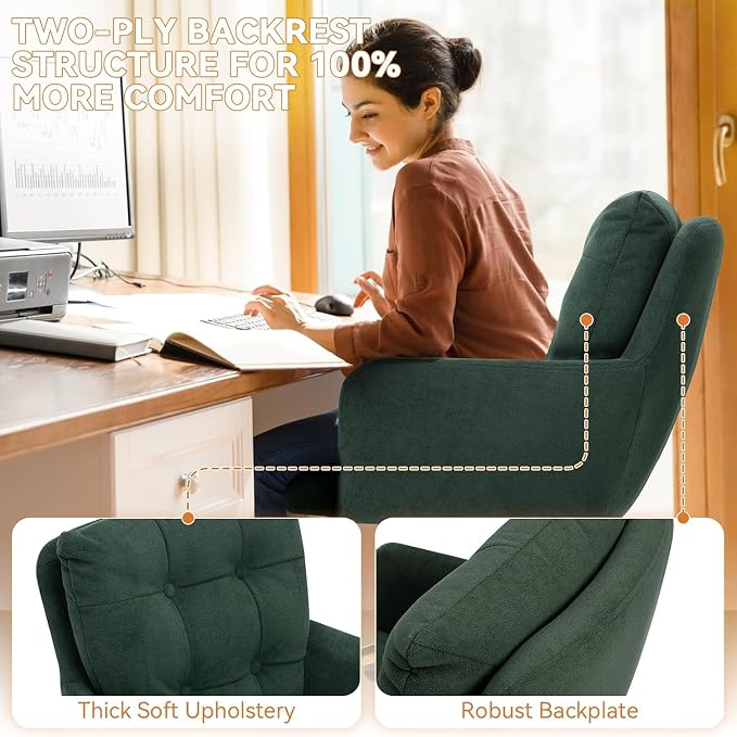 Flannel Office Chair, Comfy Home Office Desk Chairs with Lumbar Support, Modern Plush Fabric Desk Chair Gold Legs Swivel Task Chair for Home Office, Bedroom, Study, Green Upgraded Version