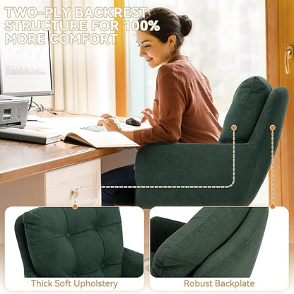 Flannel Office Chair, Comfy Home Office Desk Chairs with Lumbar Support, Modern Plush Fabric Desk Chair Gold Legs Swivel Task Chair for Home Office, Bedroom, Study, Green Upgraded Version