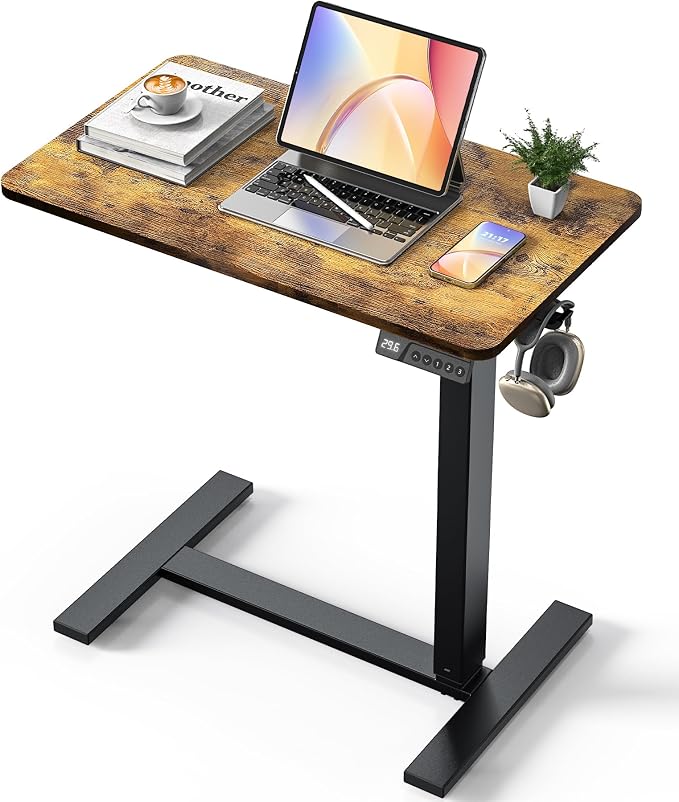 Overbed Bedside Table with Wheels, Electric Standing Desk Adjustable Height, Small Computer Desk for Home Office, Rolling Laptop Desk for Bed, Sofa, or Hospital Use (28"x16",Rustic Brown)
