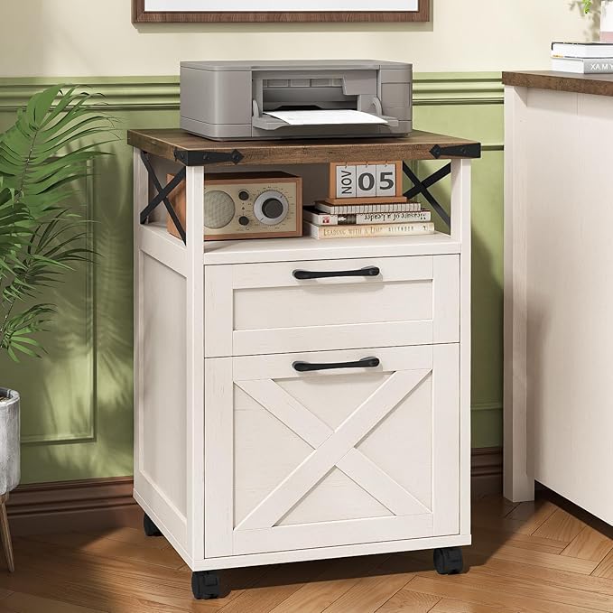 Farmhouse Filing Cabinet with Open Storage Space & Wheels, Office Filing Vertical Cabinet with 2 Drawers, Printer Stand for Hanging Files Letter/A4, Under Desk Storage Cabinets for Home Office. White