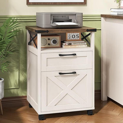 Farmhouse Filing Cabinet with Open Storage Space & Wheels, Office Filing Vertical Cabinet with 2 Drawers, Printer Stand for Hanging Files Letter/A4, Under Desk Storage Cabinets for Home Office. White