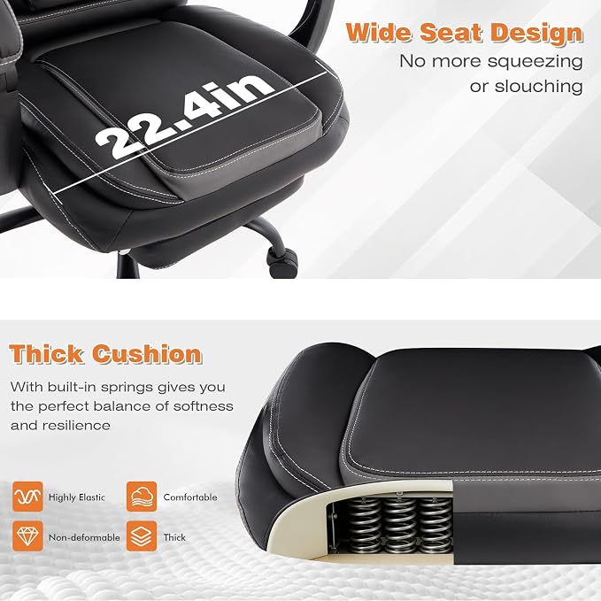 Reclining Ergonomic Office Chair with Footrest, Big Tall Recliner Office Desk Chairs with Lumbar Support, 400lbs Heavy Duty High Back Leather Executive Computer Chair with Wheels, Back Grey