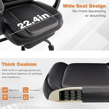 Reclining Ergonomic Office Chair with Footrest, Big Tall Recliner Office Desk Chairs with Lumbar Support, 400lbs Heavy Duty High Back Leather Executive Computer Chair with Wheels, Back Grey