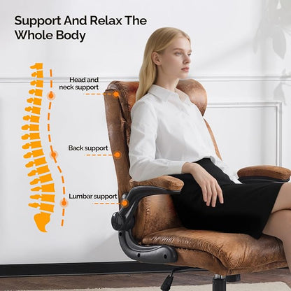 VINGLI Microfiber Brown Rolling Ergonomic Office Desk Chair with Padded Flip-up Arms, 360°Swivel High Back Executive Computer Chair with Wheels for Game，Home Small Space, Study Room, Reading Room