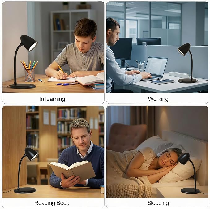 LED Desk Lamp for Home Office,3 Light Colors,Table Lamp,Dimmable Reading Light for Bedside Small Desk Lamp for College Dorm Room,Bedroom Desk Light,Black