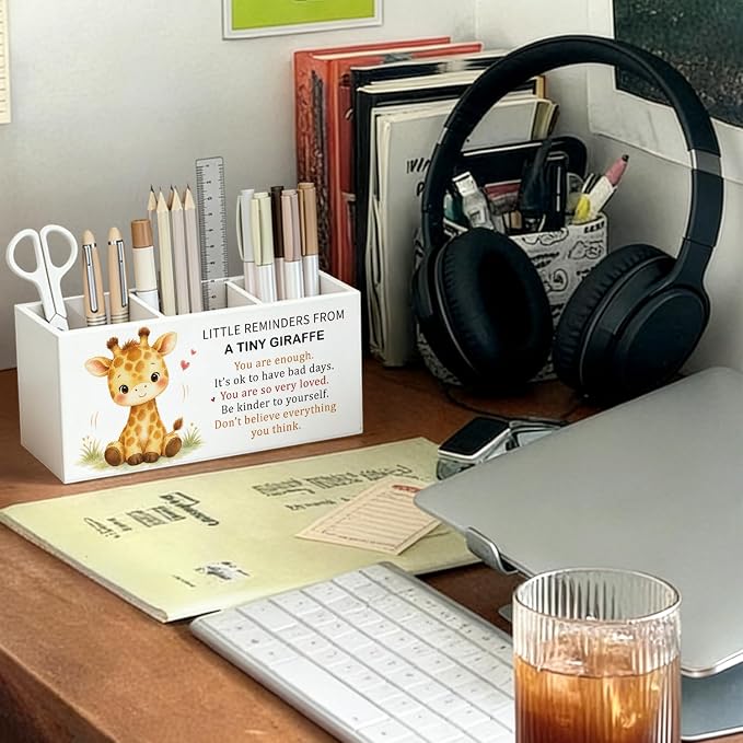 Positive Giraffe Pen Pencil Holder Desk Accessories Gifts for Women | Cute Giraffe Pen Pencil Wooden Organizer Office Accessories Decorations for Office Dorm Room Bedroom Tabletop Desk Decor