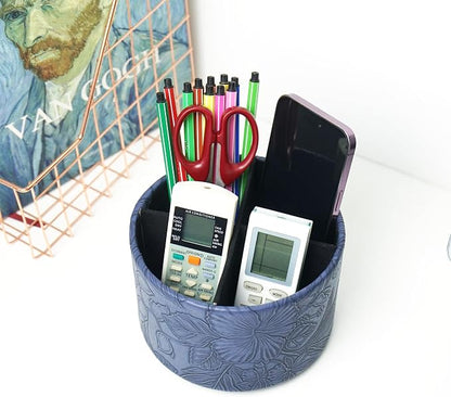 Round Leather Art Supply Organizer,Remote Control Holder,360 Degree Spinning,Multi-Functional Pencil Holder,4 Compartments Desktop Stationary Organizer(1-Carved Blue)