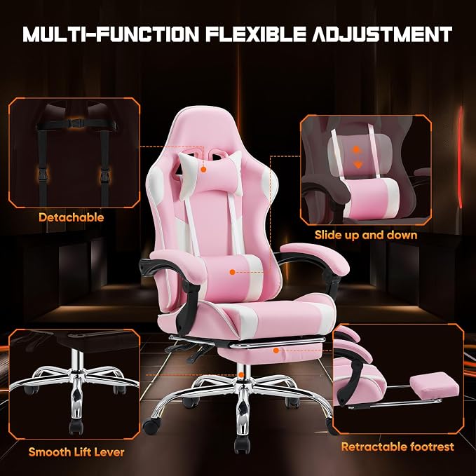 Sweetcrispy Video Game Desk Chair, Ergonomic High Back PU Leather Computer Gaming Chair with Headrest & Linkage Armrest, Height Adjustable with 360° Swivel, for Adults, Pink