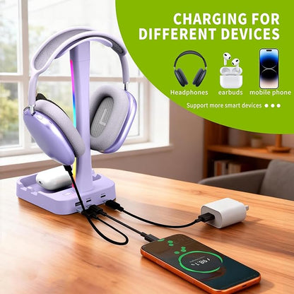 Headphone Stand with Charger,Gaming Headset stand with RGB Light Mode,For Airpod Max Stand,Desk Lamp,Phone Holder,Tablet Holder,desktop organizer,Gifts for Gamers & Music Lover (Purple)