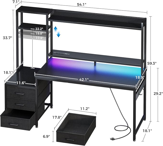 Casaottima 55 Inch Gaming Desk with Hutch & 3 Fabric Drawers, Computer Desk with USB Ports & LED Lights, Reversible Pc Gamer Table with Monitor Stand for Home Office, Carbon Fiber Black