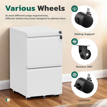 Greenvelly 2-Drawer Mobile File Cabinet with Lock, Metal Rolling Filing Cabinet on Wheels, Under Desk File Cabinet for Home Office, Fits Letter/Legal/A4 File (Assembly Required, White)